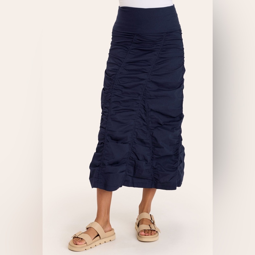 XCVI Fold Over Waistband Maxi Peasant Gored Skirt, Navy Blue